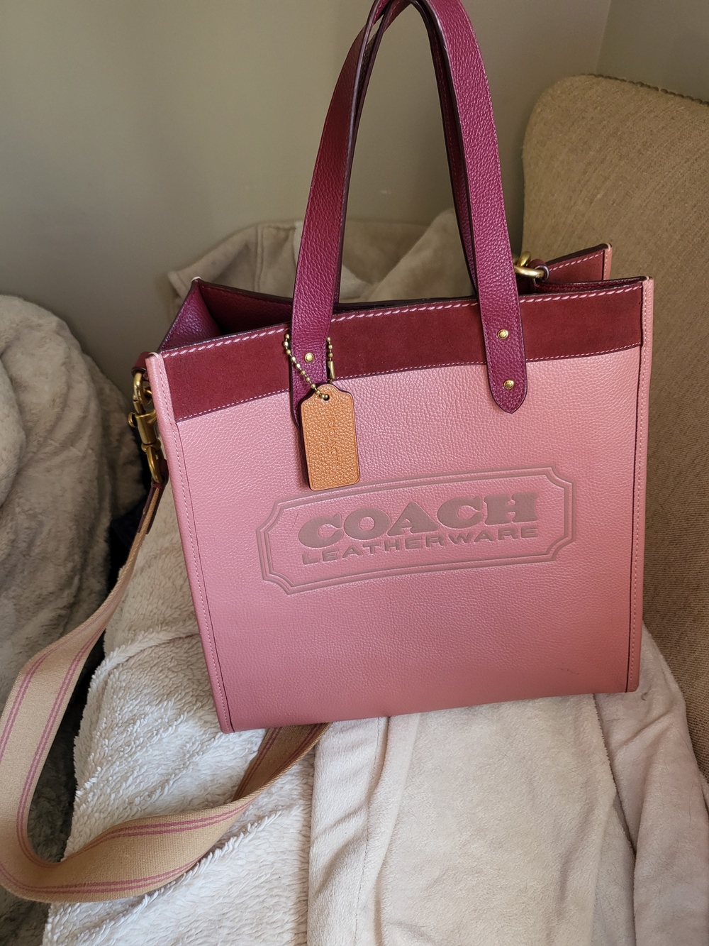 Coach Pink Leather Tote Bag with Berry Trim